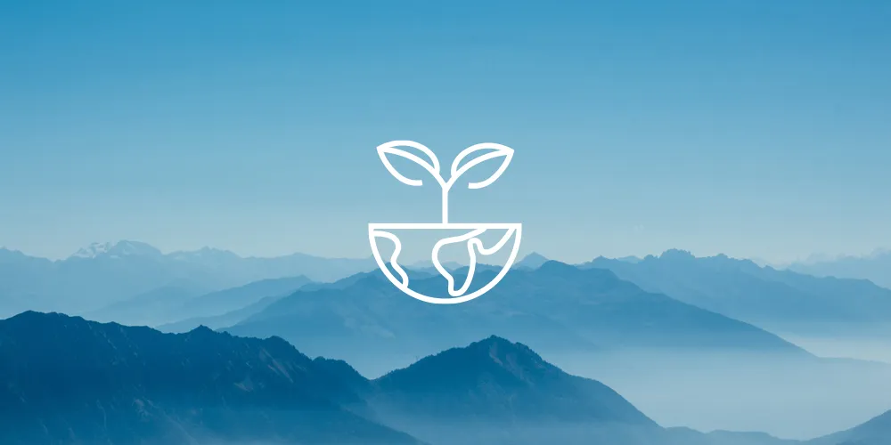 Nuevo Plan Horizonte 2026 Sostenible. Montañas azules con icono de sostenibilidad